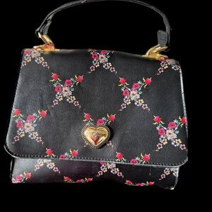 Betsey Johnson Black Satchel with Pink Floral Lattice and Gold Heart